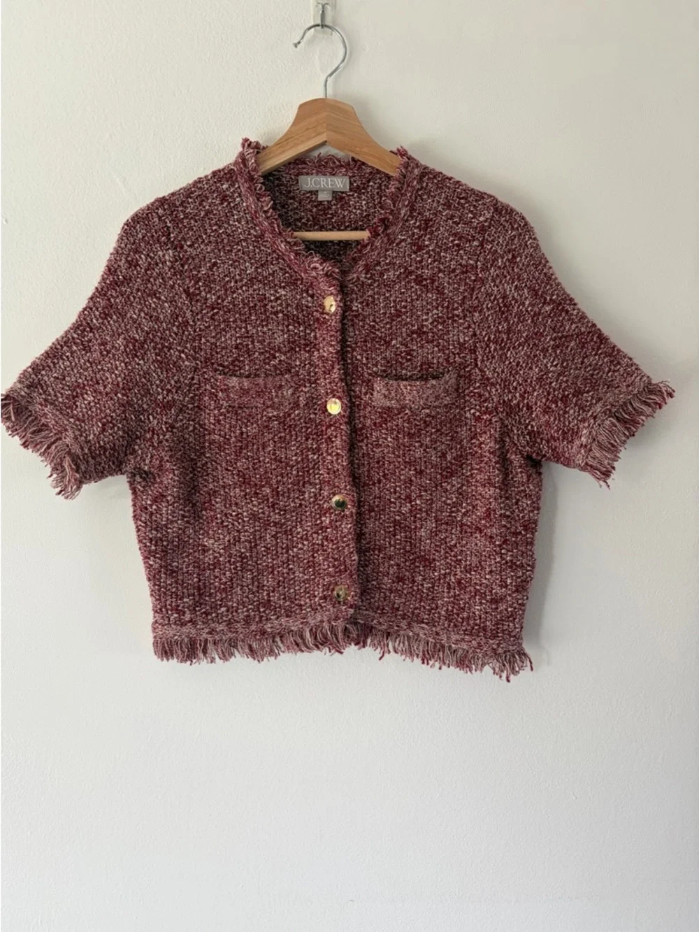 J. Crew Cropped Fringe‎ Trim Short Sleeve Knit Lady Jacket In Marled Yarn Medium